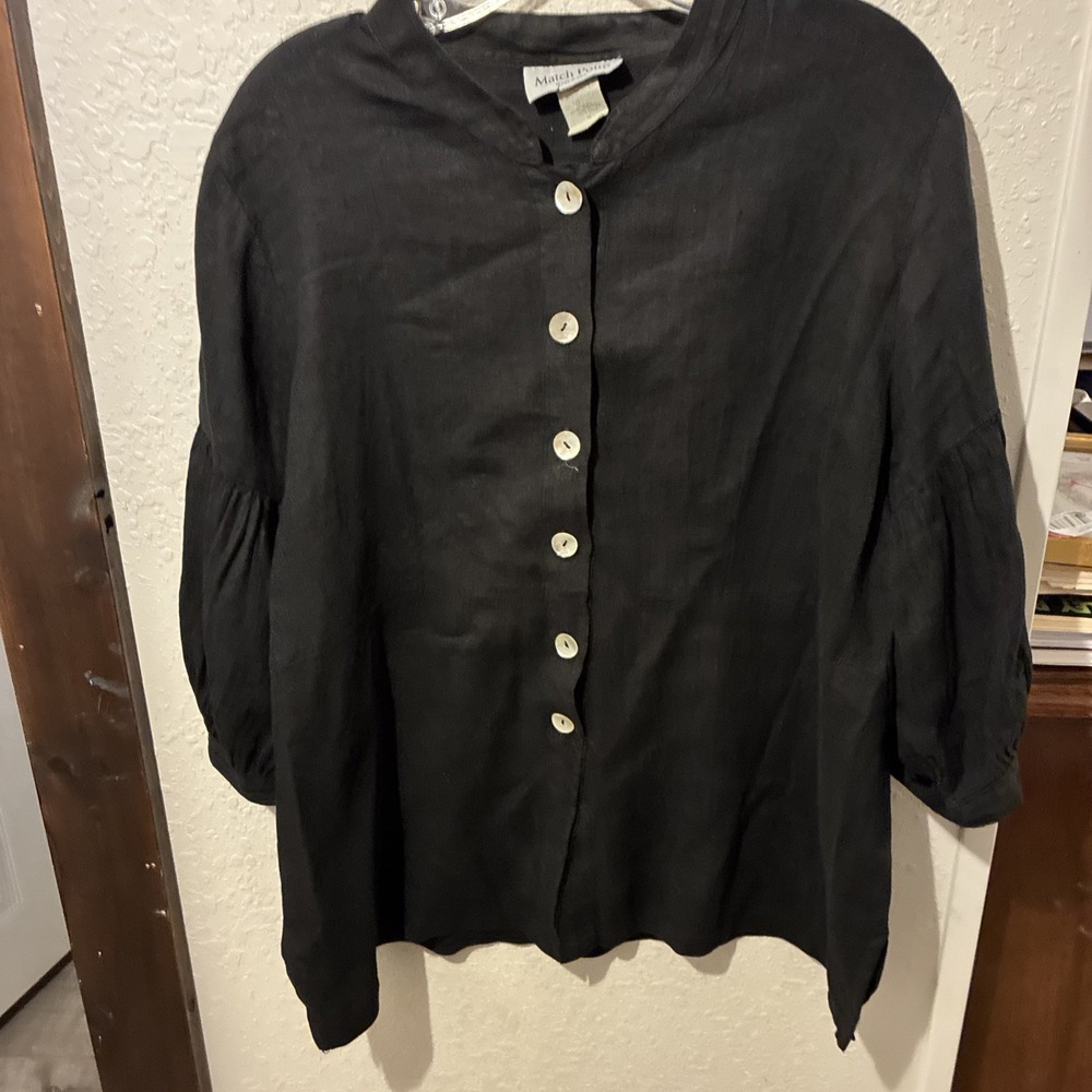 vtg match point Blouse 100% linen black size med button up 1/4 sleeve